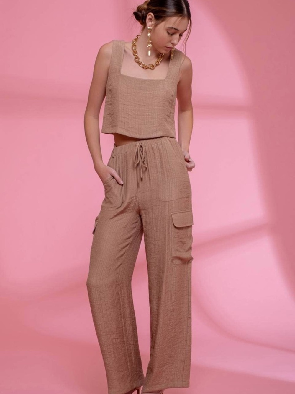 NWT Blu Pepper Women’s Taupe Linen-Blend Wide Leg Cargo Pants & Tank Small